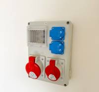 Electrical installation panel with industrial sockets in commercial premises.