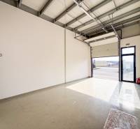 Commercial premises with a large garage door and gray flooring with lighting.