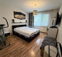 A bedroom in a 3-room apartment with a wooden decor floor and an exercise bike.