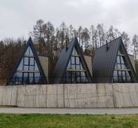 Houses on Eva Street in Holčíkovce with triangular roofs surrounded by nature and forest.