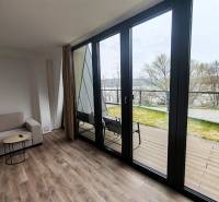 Interior of a cabin with a sofa, wooden decor flooring, large windows with a view of the terrace.
