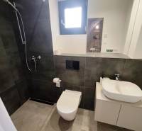 A bathroom in a cabin with a shower, modern sink, and toilet on a floor with a wooden decor.