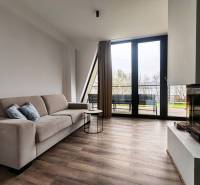 Living room in a cabin with a fireplace, sofa, and wooden-decor flooring.