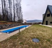 A cottage on Evy Street in Holčíkovce with a pool and lawn surrounded by forest.