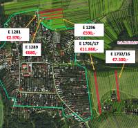 Aerial view of agricultural and forest lands in Košická Polianka with marked prices.