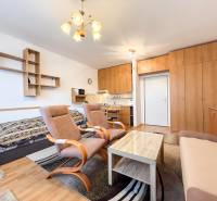 A studio apartment with a wooden floor design, a sofa, armchairs, and a built-in wardrobe.