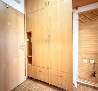 The studio apartment has a built-in wardrobe with a wood decor and tiled flooring.