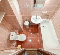 A bathroom in a studio apartment with a bathtub, sink, and toilet. Pink wall tiles.