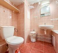 A bathroom in a studio apartment with a toilet, sink, bathtub, and tiles in a pink shade.