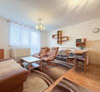 A studio apartment with a wooden floor, a sofa, armchairs, a table, and a kitchenette.