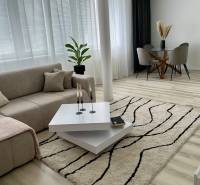 Bright living room with a sofa, coffee table, dining table, and wood-patterned flooring.