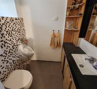 A bathroom in a family house with a sink, mirror, and mosaic tiles.