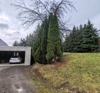The garage at the family house on Hlavná Street in Piskorovce is surrounded by coniferous trees.