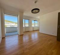 Living room in a four-room apartment with a wooden decor floor and a balcony.