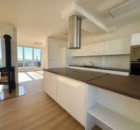 A kitchen in a 4-room apartment with a fireplace and a floor with a wooden decor.