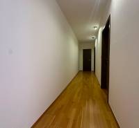 A hallway with an entrance door and a wooden decor floor in a 4-room apartment.