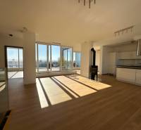 Spacious living room with wood-decor flooring and access to the terrace.