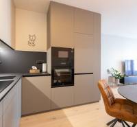 A kitchen unit with electrical appliances and a dining table in a 2-room apartment, floor with wooden decor.