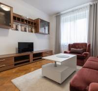 Living room in a 2-room apartment with a sofa, television, and floor with wooden decor.