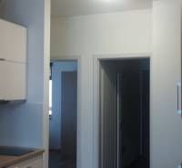 A kitchen with white cabinets and wood decor in a 2-room apartment.