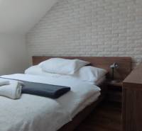A bedroom in a two-room apartment with a bed, a lamp, and a brick wall covering.