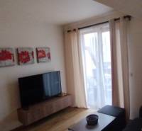 Living room with a sofa, television, and red paintings in a 2-room apartment.