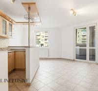 A kitchen with a bar counter and tiled floor in a two-room apartment.