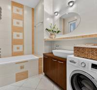 A bathroom in a 3-room apartment with a bathtub, washing machine, and brown tiles.