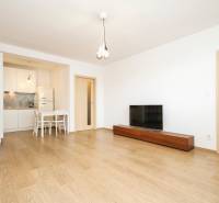 Living room of a two-room apartment with a kitchen, TV cabinet, and wooden decor flooring.