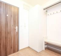 Entrance hallway in a 2-room apartment with a wooden decor floor and a coat rack.