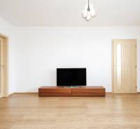 Living room in a two-room apartment with a wooden decor floor and a television.
