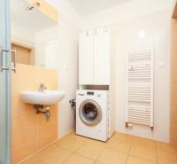 Bathroom in a 2-room apartment with a shower, washing machine, and tiles.