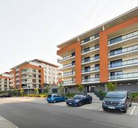 New buildings on Cedar Street in Košická Nová Ves with parking spaces in front of the buildings.