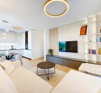 Living room of a two-room apartment with a sofa, kitchen, and wooden decor flooring.