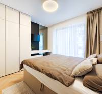 Bedroom in a 2-room apartment with wood-patterned flooring, a large wardrobe, and curtains.