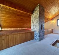 An attic room with wooden paneling and a stone chimney in a cottage.