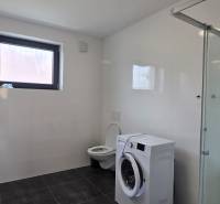 Bathroom with a shower, sink, and washing machine in a 3-room apartment.