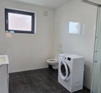 A bathroom in a 3-room apartment with a shower, a washing machine, and black tiles.