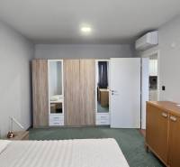 A room in a 3-room apartment with a bed, wardrobe, air conditioning, and wooden decor furniture.