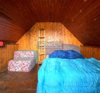 Attic room with wooden paneling, a bed, and a sofa in a cabin.