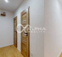 Entrance hallway in a one-room apartment with a wood-patterned floor and white walls.