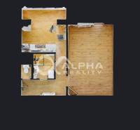 Floor plan of a 1-bedroom apartment with wood-patterned flooring and furnished rooms.