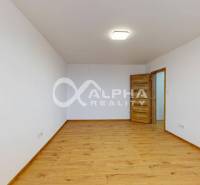 An empty room in a one-room apartment with wood-patterned flooring and white walls.