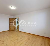 A room with white walls, a floor with a wooden decor, and a door in a studio apartment.