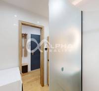 Bathroom in a studio apartment with wood-patterned flooring and a transition to the hallway.