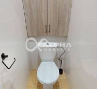 A toilet equipped with a storage cabinet, a floor with a wooden decor in a studio apartment.