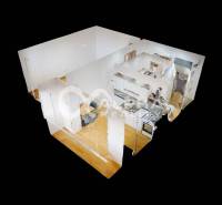 3D floor plan of a one-room apartment with a wooden decor floor.