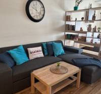 Living room of a one-bedroom apartment with a sofa, coffee table, and decorative shelf.