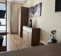 Interior of a 1-room apartment with wooden decor furniture and art on the wall.