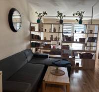 Bright living room in a studio apartment with wood-patterned flooring and shelves.